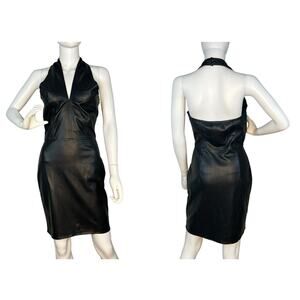 Heartloom Size M Faux Leather Moto Knee Length Halter Dress Black